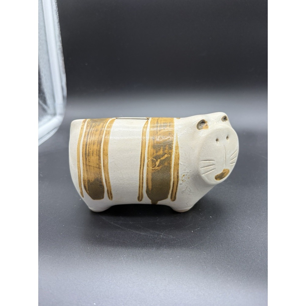 Vintage Pottery Cat Coin Bank Striped Flat Face Earth‎ Tone Decor